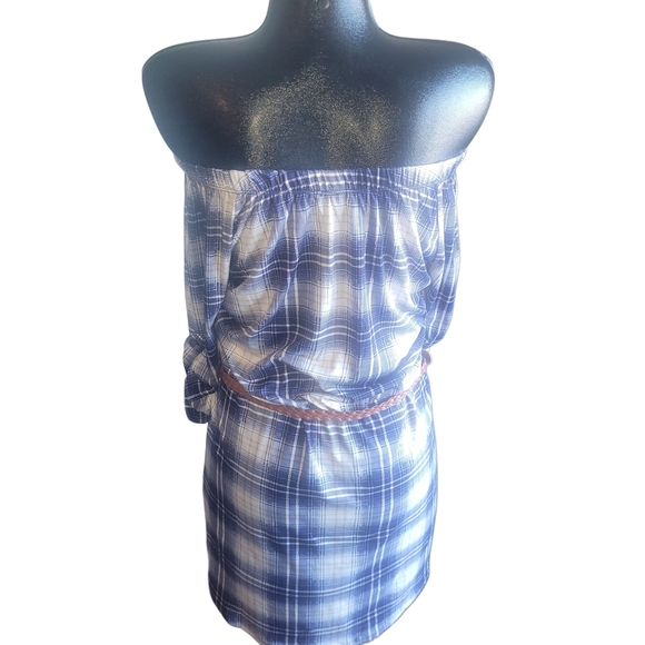 My Style Blue Plaid Faux Button Front Dress with Belt Sz.S - Picture 7 of 7